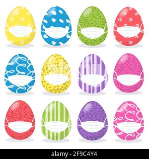 Happy Easter Konzept mit Cartoon farbige Eier in medizinische schützende Gesichtsmaske gesetzt zur Vermeidung Coronavirus, zu Hause bleiben und sicher bleiben. Osterfest Stock Vektor