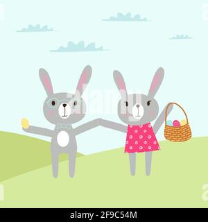 Cartoon Doodle frohe osterkarte mit Hase Mädchen in Kleid und Hase Junge, bemalte Eier und ein Korb von grünem Gras umgeben. Editierbarer EPS 10-Vektor Stock Vektor