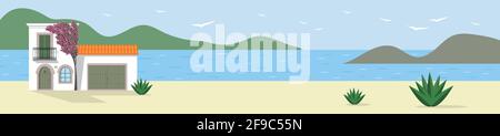 Seascape Banner mit weißem mediterranem Haus Stock Vektor