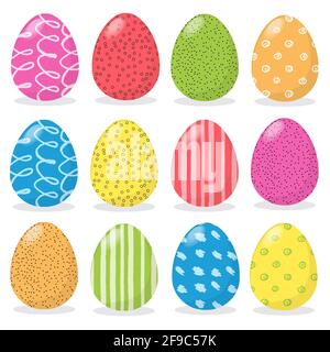 Frohe Ostern. Set von ostereiern mit unterschiedlicher Textur auf weißem Hintergrund. Bunte fröhliche Ostereier isoliert gesetzt. Bearbeitbare EPS 10. Flacher Style. Stock Vektor