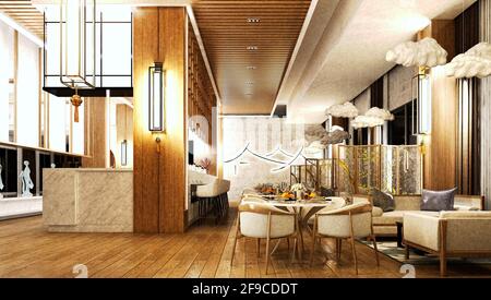 3d-Rendering des Restaurantinnenraums Stockfoto