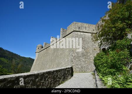 Landschaftlich reizvolle Landschaft mit Blick auf die Zitadellenmauer im historischen Dorf Sisteron, Alpes-de-Haute-Provence, Frankreich. Stockfoto