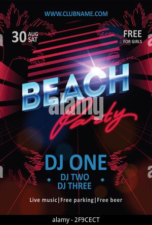 Schönes Plakat für Sommerstrandparty. Vorlage für Poster zur Show des Nachtclubs Stock Vektor
