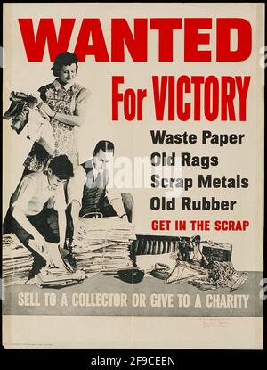 Ein amerikanisches Plakat aus dem 2. Weltkrieg, auf dem Menschen aufgefordert werden, Altpapier, Metall und Gummi für die Kriegsanstrengungen zu recyceln Stockfoto