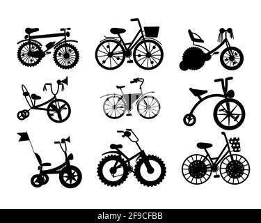 Set von Silhouetten von Fahrrädern. Set Von Verschiedenen Arten Von Kinderfahrrädern Stockfoto
