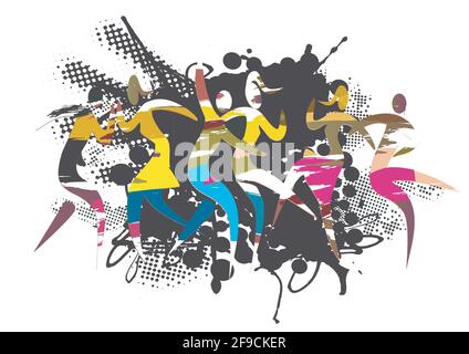 Wilde Tanzparty. Ausdrucksstarke, grunge stilisierte Illustration tanzender Menschen auf abstraktem schwarzem Hintergrund. Vektor verfügbar. Stock Vektor