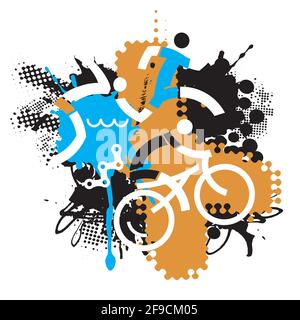 Drei Triathlon-Rennfahrer, Ironman-Wettbewerb. Ausdrucksstarke Zeichnung von Triathlonsymbolen auf dem dynamischen Grunge-Hintergrund. Vektor verfügbar. Stock Vektor