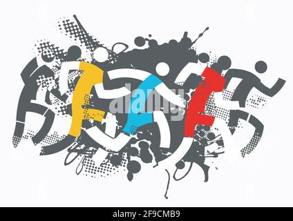 Laufrennen, Marathon, Joggen. Farbenfrohe, ausdrucksstarke Illustration von Läufern auf grunge Hintergrund. Isoliert auf weißem Hintergrund.Vektor verfügbar. Stock Vektor