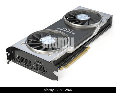 Grafikkarte. Moderne Gaming GPU Grafikprozessor isoliert auf weiß. 3D Abbildung Stockfoto