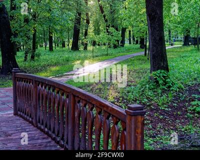 Holzbrücke über einen Graben im Park, im Sommer Stockfoto