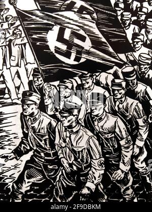 San Rafael, Kalifornien, USA. April 2021. "Nazis marschieren" im Museum für Internationale Propaganda, einer Sammlung visueller Propaganda des 20. Jahrhunderts, wird 1935 ein Holzschnitt aus Deutschland ausgestellt. Nach Angaben des Museums "'die Sammlung stellt die politische Kunst von mehr als 25 Ländern, darunter Nordkorea, Kuba, Nazi-Deutschland, Vietnam, Iran und die Sowjetunion. Die ausgestellten Objekte wurden größtenteils von verschiedenen Regierungen, Diktatoren und speziellen Interessen mit spezifischen Zielen entworfen und finanziert. Propaganda ist die kalkulierte Manipulation von Informationen, die zur Gestaltung von pu entwickelt wurden Stockfoto