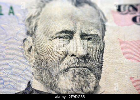 Ulysses S. Grant Portrait auf der Banknote von 50 Dollar, Hintergrund 50 US-Dollar, selektiver Fokus, us-Dollar-Banknote Stockfoto