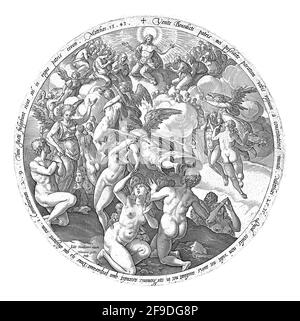 Kreisförmige Darstellung der Ankunft der Seligen im Himmel. Engel führen die Seelen nach oben, wo Christus thront unter einer Schar von Heiligen ( Stockfoto