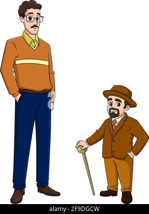 Cartoon-Vektor-Illustration eines großen Mannes in einer Brille stehend Neben einem kurzen Mann, der eine Mütze trägt und hält Ein Stock Stock Vektor