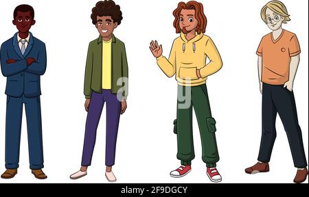 Cartoon-Vektor-Illustration einer Aufstellung von verschiedenen ethnischen Männern Posieren und Stehen Stock Vektor