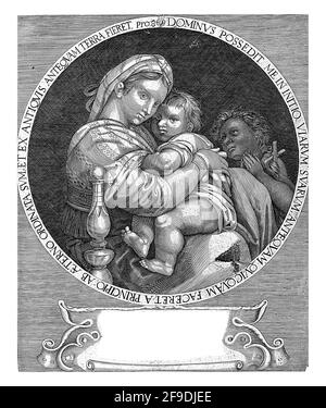 Maria mit dem Christkind und Johannes dem Täufer, in einem kreisförmigen Rahmen mit Text gesetzt. Unter einer Kartusche mit einem vierzeiligen lateinischen Text. Stockfoto