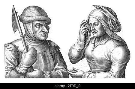 Ein Soldat mit einem Speer sagt Auf Wiedersehen zu seiner Frau. Die Frau weint. Der Druck hat eine deutsche Inschrift auf Vers. Der Druck ist Teil einer Serie mit Stockfoto