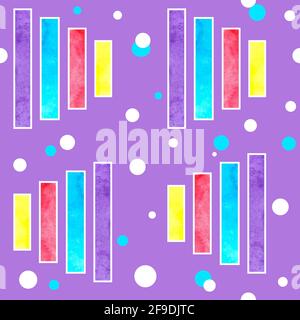 Aquarell nahtlose handgezeichnete Muster der 90er Jahre memphis abstrakten Stil. Leuchtend blau gelb rosa lila geometrische Kreis Zick-Zack-Elemente, funky Hipster-Design für textile Mode Geschenkpapier Stockfoto