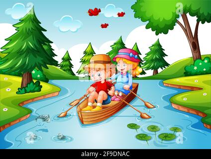 Kinder rudern das Boot in der Bach Wald Szene Illustration Stock Vektor