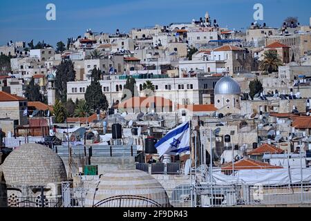 Jerusalem, Blick von der Dachterrasse auf die Skyline des arabischen Viertels der Altstadt Stockfoto