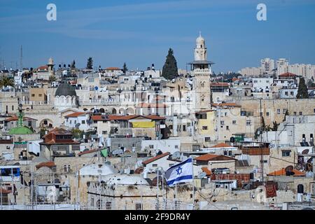 Jerusalem, Blick von der Dachterrasse auf die Skyline der Altstadt Stockfoto