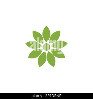 Grüne flache Ikone der Sonnenblume mit 9 scharfen Blütenblättern. Isoliert auf Weiß. Vektor einfache Illustration. Umweltfreundlicher Style. Natur Blume Symbol. Stock Vektor
