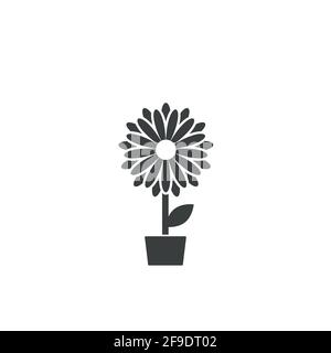 Schwarze flache Ikone der Chrysantheme Blume im Topf. Große Blüte mit großen scharfen Blütenblättern und weißem Kern. Isoliert auf Weiß. Vektorgrafik. Umweltfreundlicher Style. Nat Stock Vektor