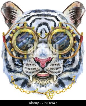 Aquarell-Illustration eines weißen Tigers mit Gläsern im Steampunk-Stil Stockfoto
