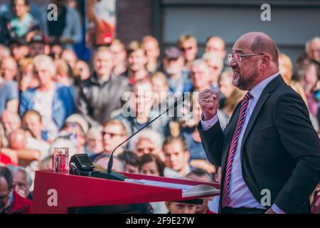 Aachen, Deutschland - 23. September 2017: Martin Schulz, deutscher Politiker und Sozialdemokraten Kandidat für das Kanzleramt, helds election Campaign sp Stockfoto