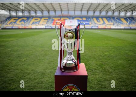 Ploiesti, Rumänien - 15. April 2021: Details zum Supercupa Romaniei (Rumänischer Supercup), einer Meisterschaft, die von der Liga I und dem Cupa Roman ausgetragen wird Stockfoto