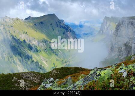 Niederhorn, Gipfel der Emmentaler Alpen im Berner Oberland bei Interlaken in der Schweiz. Bergtal mit Nebel und Wolken. Stein mit grünem Mo Stockfoto