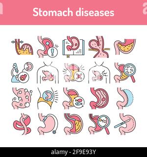 Symbole für die Linie „Magenerkrankungen“ eingestellt. Isoliertes Vektorelement. Skizzieren Sie Piktogramme für Webseite, mobile App, Werbung. Bearbeitbare Kontur. Stock Vektor