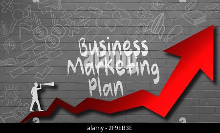 Ein erfolgreiches Konzept mit einer Ankündigung des Business-Marketing-Plans auf Die Wand mit einem roten Pfeil nach oben Stockfoto