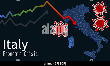 Eine Italien-Karte mit einem Pfeil, der auf die fällige Wirtschaftskrise hinweist Zu Coronavirus auf dunkelblauem Hintergrund Stockfoto