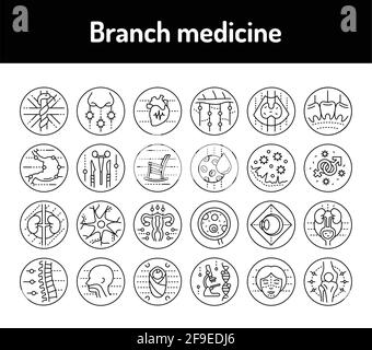 Symbole für die Linie der Arznei der Zweigstelle gesetzt. Isoliertes Vektorelement. Stock Vektor