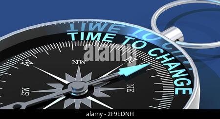 Eine Abbildung eines Kompasses mit einer blauen Nadel, die zeigt Um die Zeit bis zur Änderung im dunkelblauen Hintergrund zu texten Stockfoto