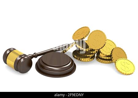 Eine 3D-Darstellung eines hölzernen Richtergavels und eines Stapels von Goldmünzen, Stockfoto