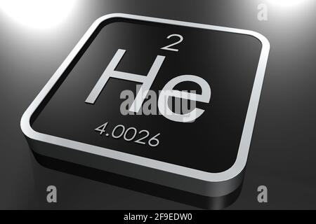Ein 3D-Rendering des Helium-Elements aus dem Periodensystem Tisch auf einem schwarzen quadratischen Block Stockfoto