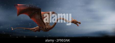 drache, nasse Kreatur, die durch einen schweren Sturm fliegt Stockfoto