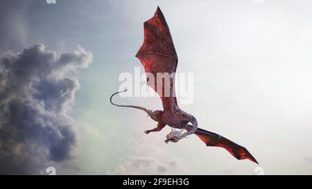 drache, ein riesiges Märchenwesen, das durch die Wolken fliegt (3d Fantasy Render) Stockfoto