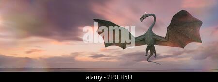 drache fliegt durch die Wolken (3d-Render-Banner) Stockfoto