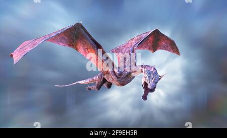 drache, ein riesiges Märchenwesen, das durch die Wolken fliegt (3d Fantasy Render) Stockfoto