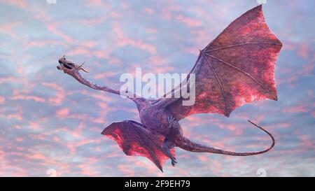 Schöner Drache, märchenhafte Kreatur, die in den Himmel fliegt (3d Fantasy Render) Stockfoto