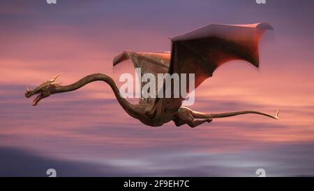 Schöner Drache, rotes Märchenwesen, das am Himmel fliegt (3d Fantasy Render) Stockfoto