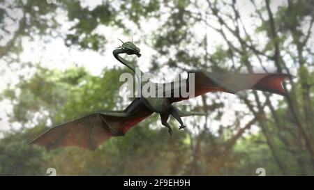drache, Lebewesen, die in einer Waldlandschaft fliegen (3d-Fantasy-Illustration) Stockfoto