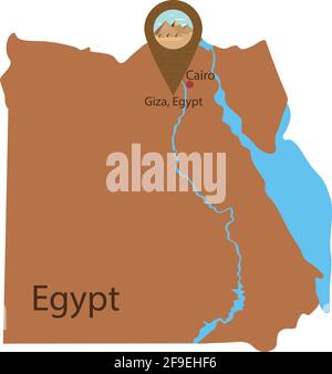 Vektordarstellung einer Karte von Ägypten. Vektordarstellung des gps-Symbols. Standortsymbol. Ägyptische Pyramiden bei Gizeh. Ektorielle Illustration der Pyramide von Qu Stock Vektor