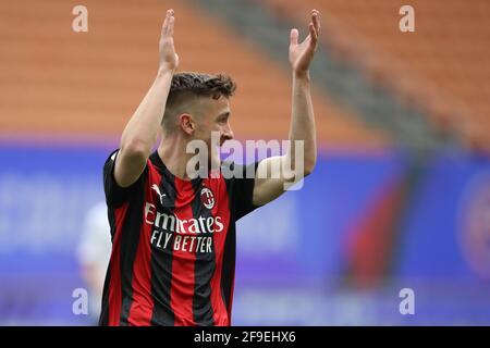 Mailand, Italien. April 2021. Alexis Saelemaekers vom AC Mailand reagiert während des Serie-A-Spiels bei Giuseppe Meazza, Mailand. Bildnachweis sollte lauten: Jonathan Moscrop/Sportimage Kredit: Sportimage/Alamy Live News Stockfoto