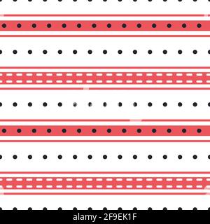 Vektor-Streifen und Polka Punkt nahtlose Muster Hintergrund. Moderner rot-schwarz-weißer Hintergrund mit gerafften horizontalen Streifen Wiederholung in verschiedenen Breiten Stock Vektor