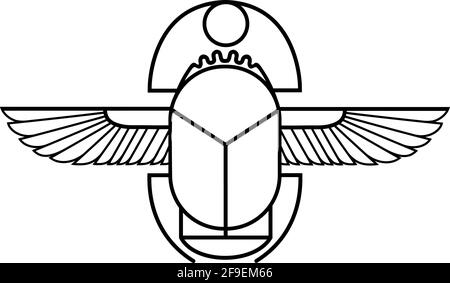 Ägyptische Scarab Outline Icon. Linear Stil Zeichen für mobile Konzept und Web-Design. Geflügelter Skarabäkäfer und Sonne einfaches Linienvektor-Symbol. Symbol, Logo Stock Vektor