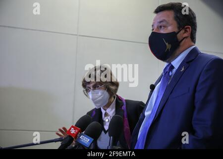 Palermo, Italien. April 2021. Giulia Bongiorno, Rechtsanwältin von Matteo Salvini, während der Pressekonferenz in Palermo. (Foto: Antonio Melita/Pacific Press) Quelle: Pacific Press Media Production Corp./Alamy Live News Stockfoto